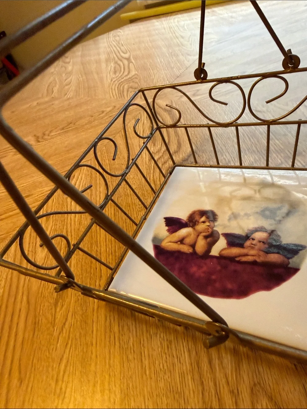 Bronze Gold Metal Wire Decorative Basket with Cherub Tile - 8 1/2x 8 1/2 x 3 1/2